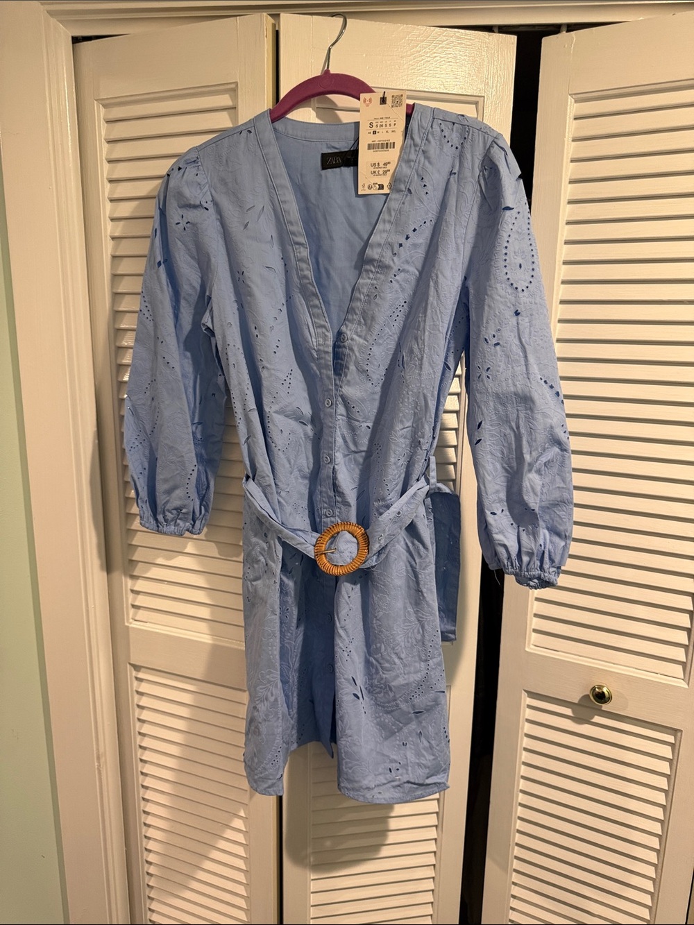 Zara Light Blue Eyelet Mini Dress with Woven Belt